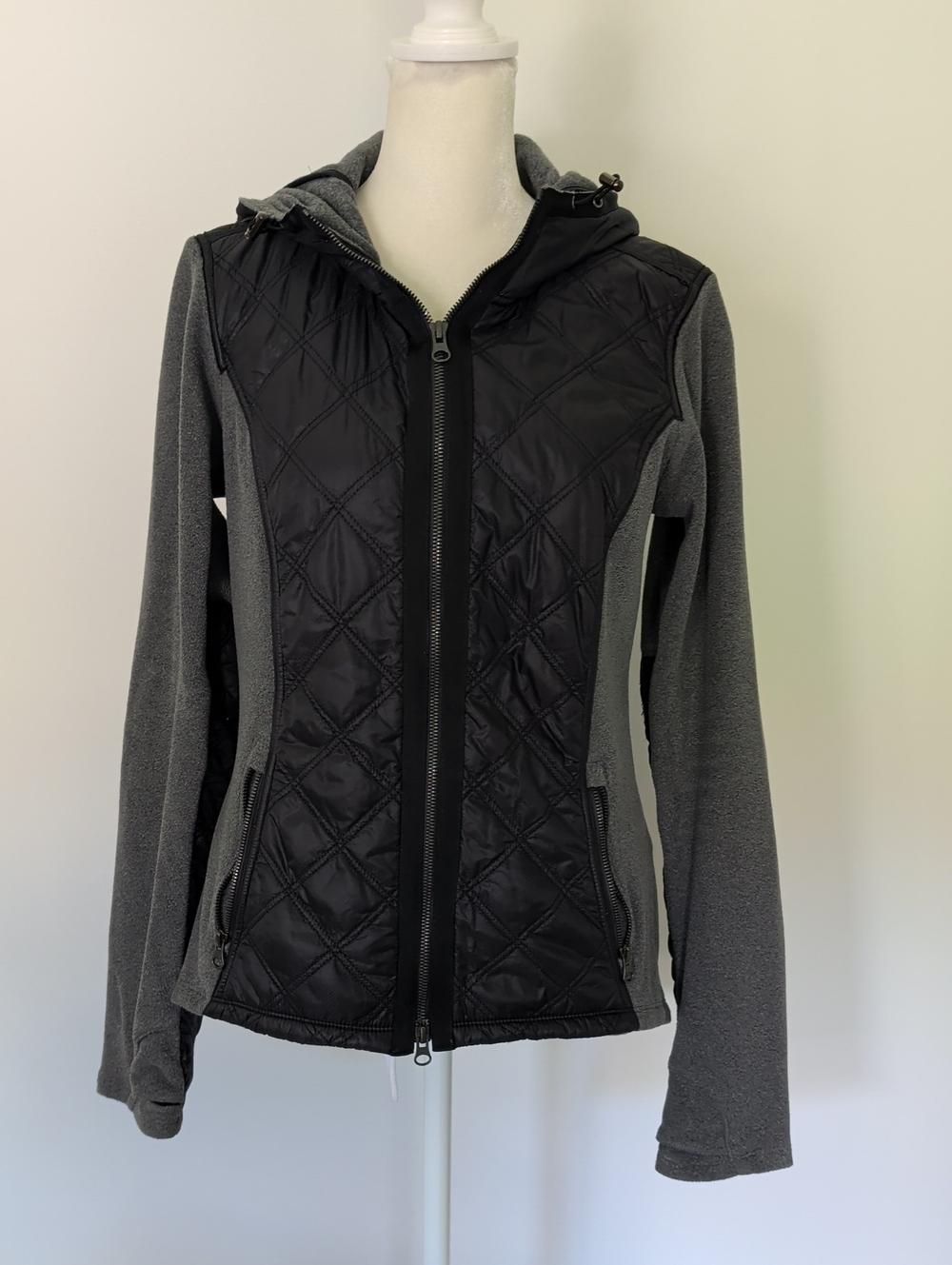 Athleta Black Quilted Hooded Utility Jacket with Gray Fleece Panels